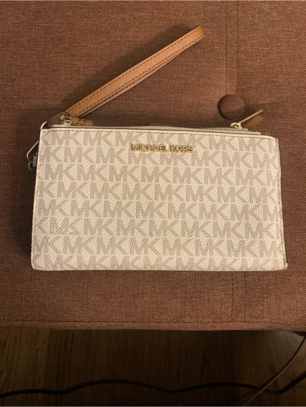 Michael Kors Cream Logo Print Wristlet with Tan Strap